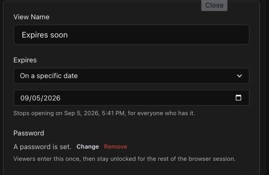 The expiry and password controls on a shared view