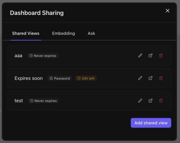 The Shared Views list, with each link showing whether it has a password and when it expires