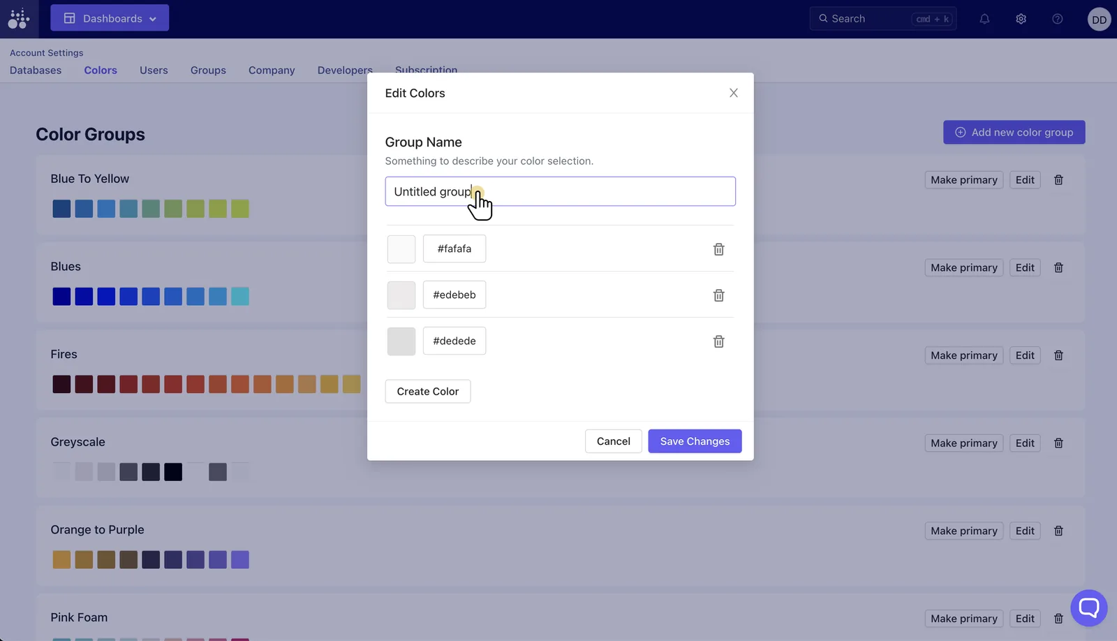 Tractorscope color group form for naming a reusable chart color palette