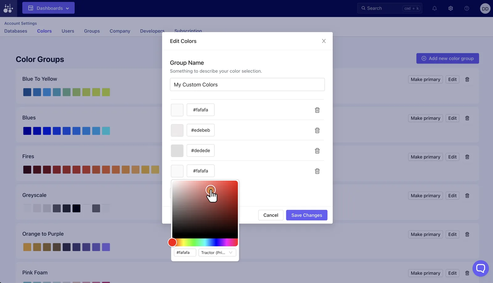 Color picker for editing a Tractorscope chart color swatch and hex value
