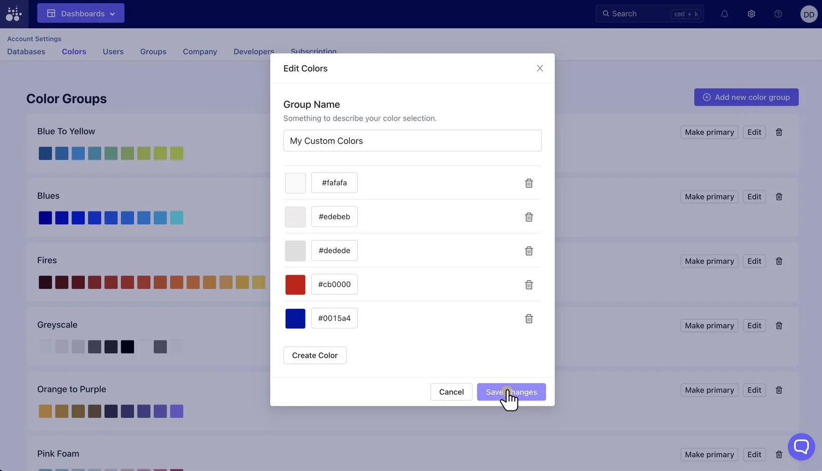 Save changes button for a new Tractorscope chart color group