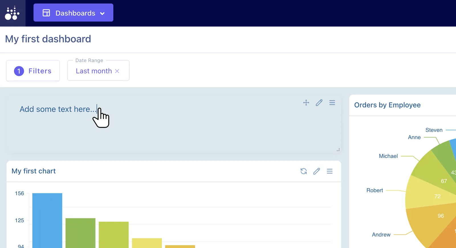 Editable text block on a Tractorscope dashboard with move, style, and menu controls