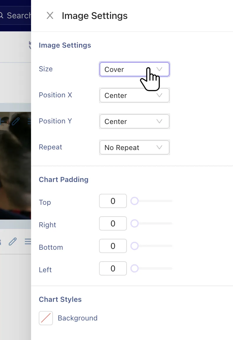 Tractorscope image settings drawer for image size, position, repeat, padding, and chart styles