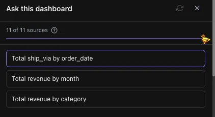 Tractorscope Ask panel showing 11 of 11 sources loaded and three suggested questions built from the dashboard's own columns