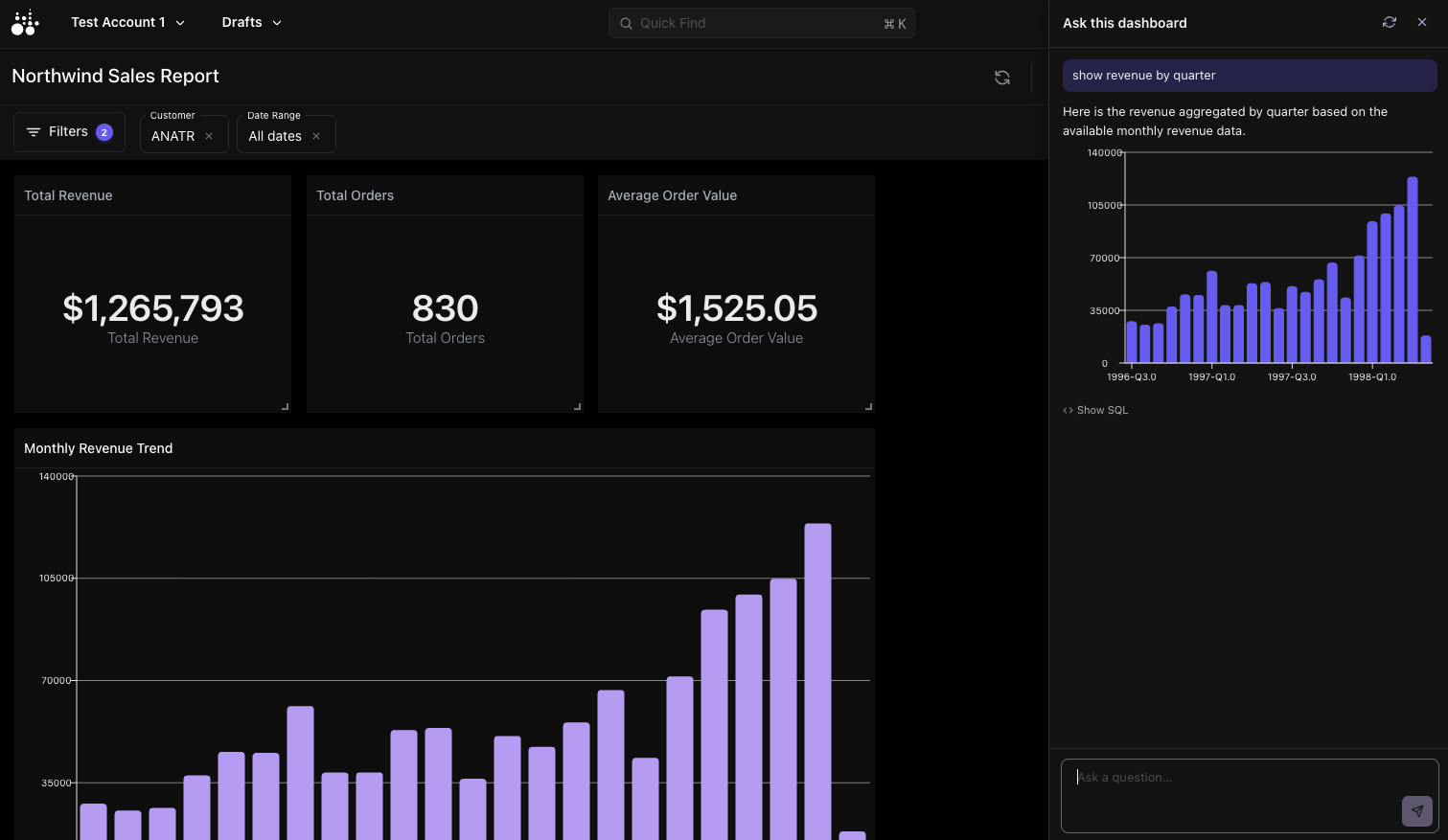 Tractorscope Ask panel answering "show revenue by quarter" with a bar chart and a Show SQL link, beside the dashboard it was asked about