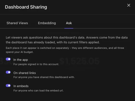 The Ask tab of Tractorscope dashboard sharing, with separate switches for the app, shared links, and embeds