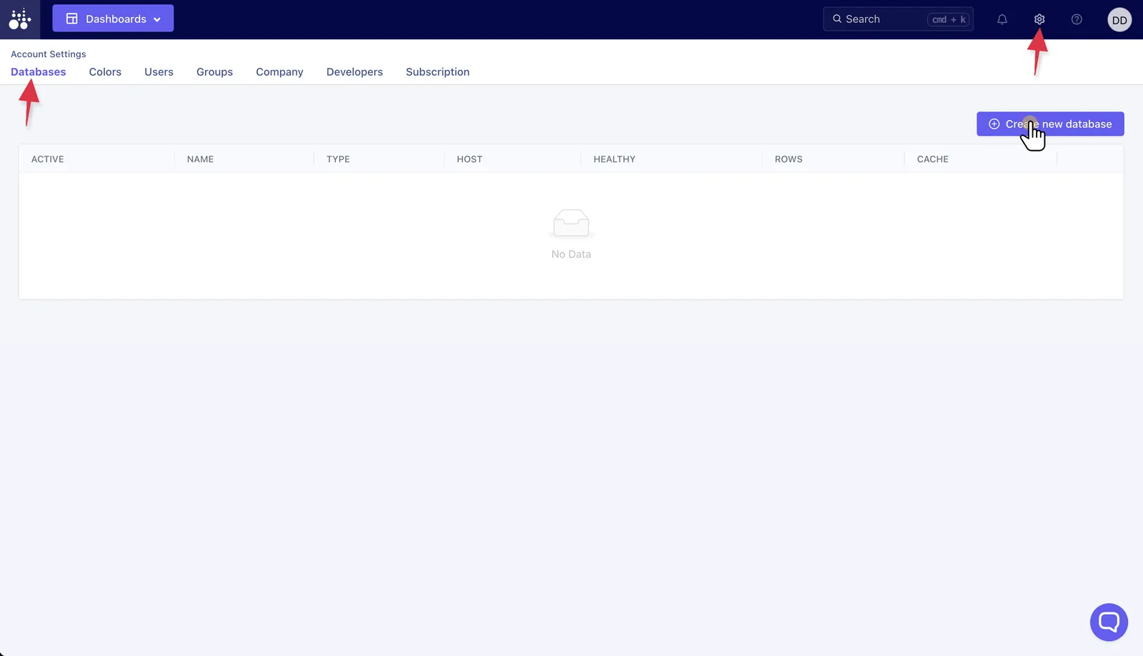 Tractorscope databases page showing saved database connections and create new database button
