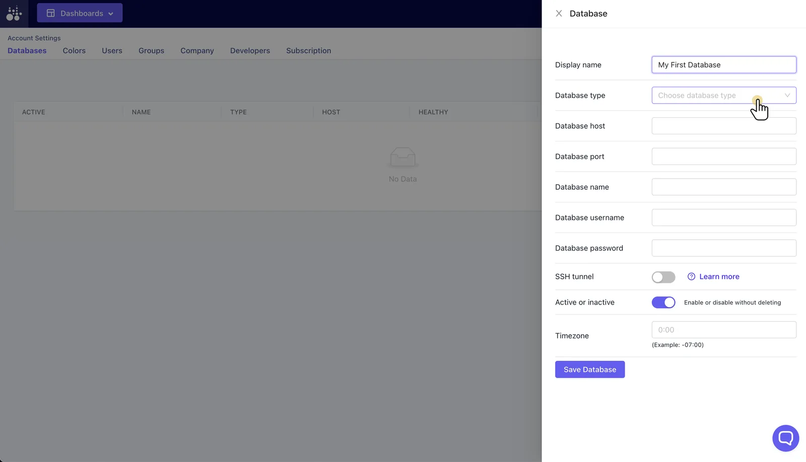 Tractorscope create database form with connection details and database type fields