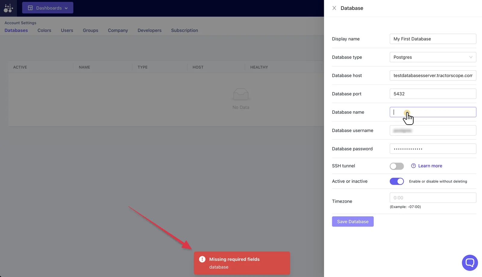 Tractorscope database connection validation errors in the database settings form