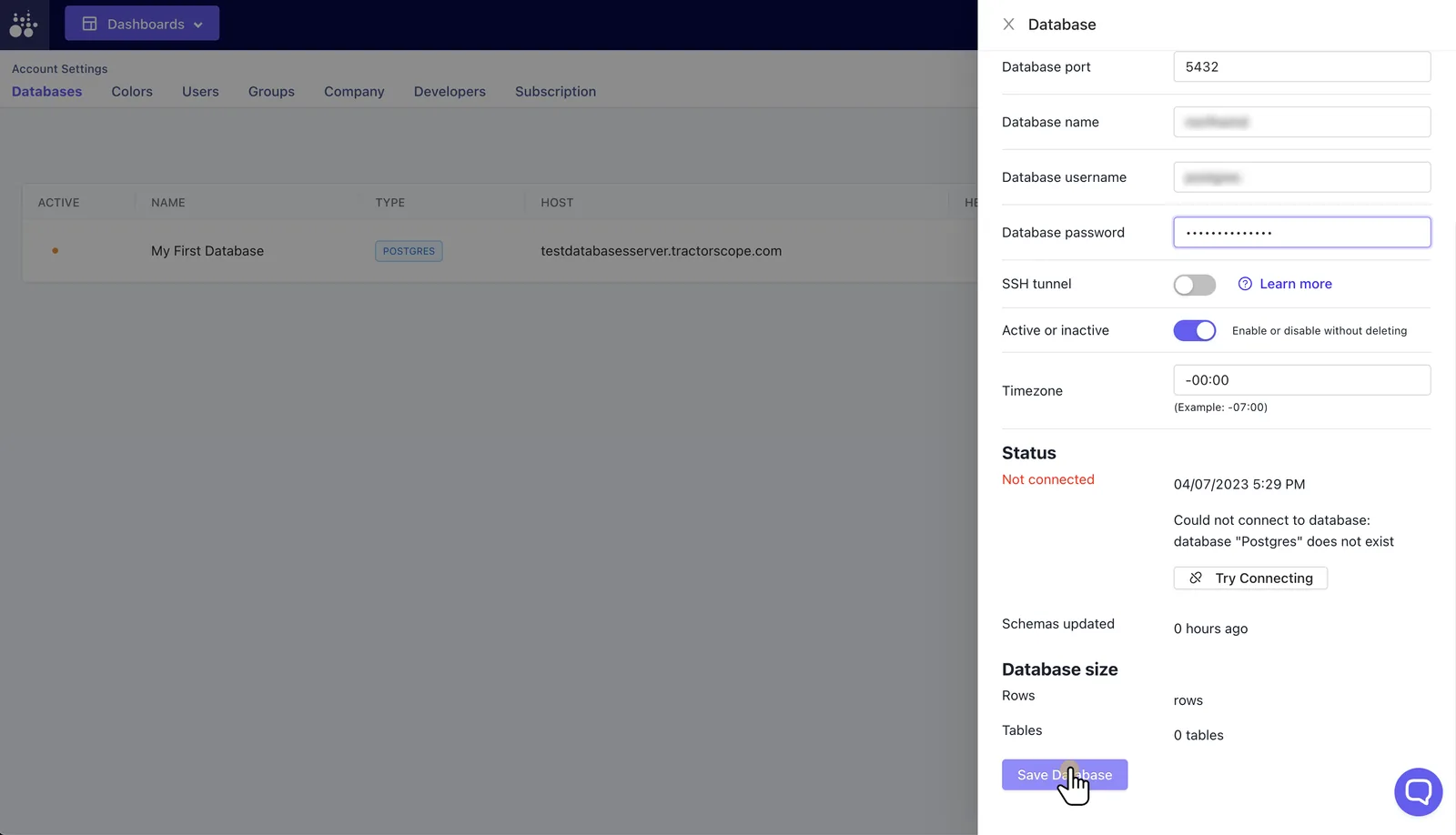 Save database button in Tractorscope after entering database connection details