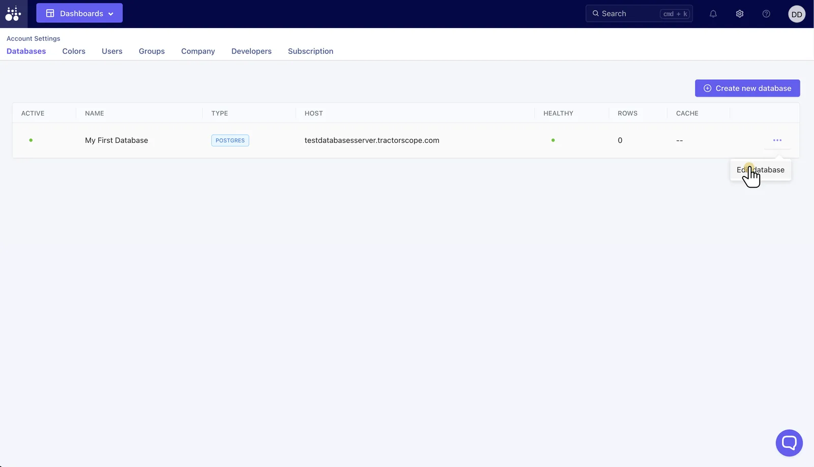 Tractorscope database actions menu for editing, activating, or deactivating a connection