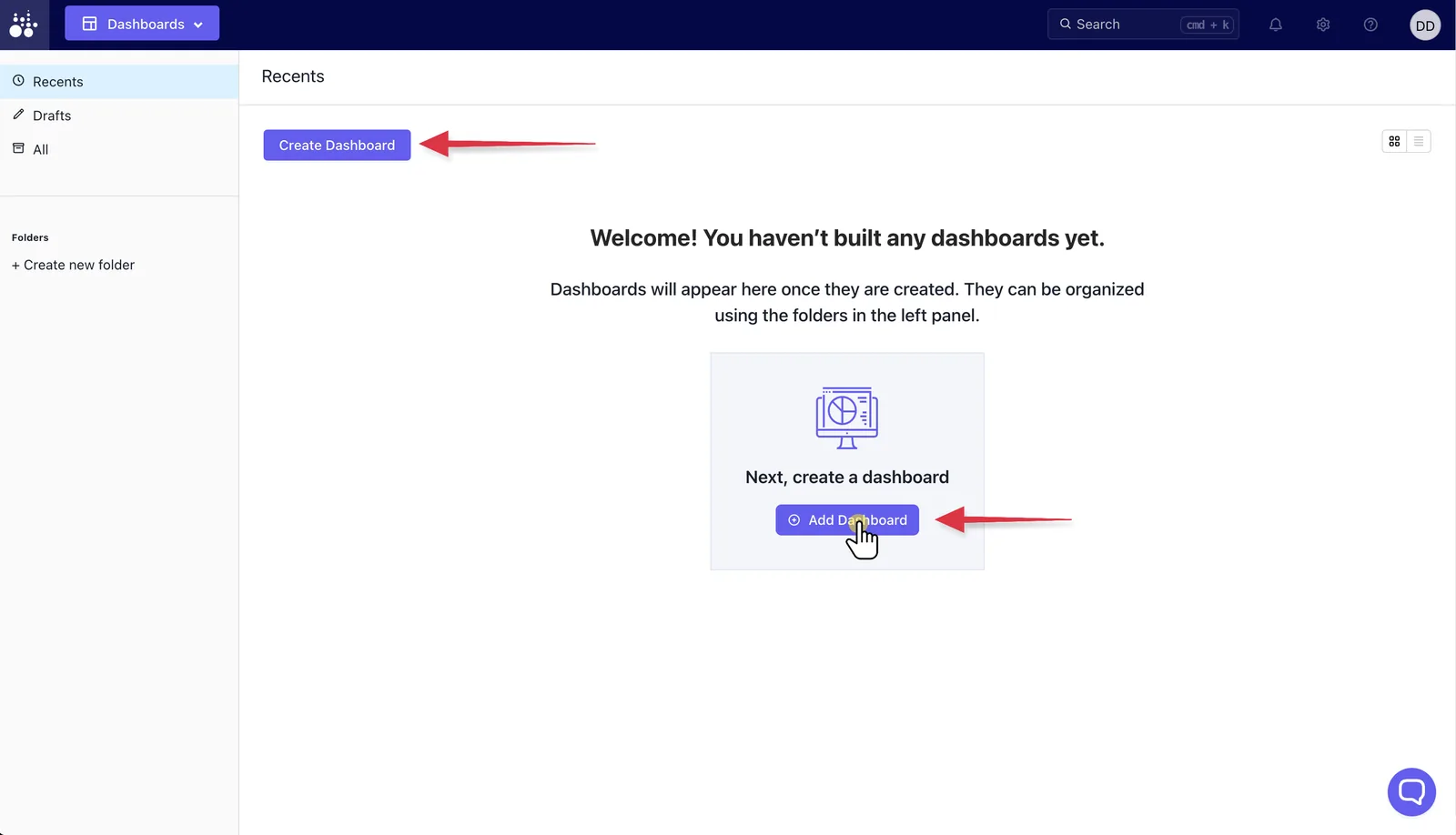 Tractorscope account home empty state with buttons to create a dashboard