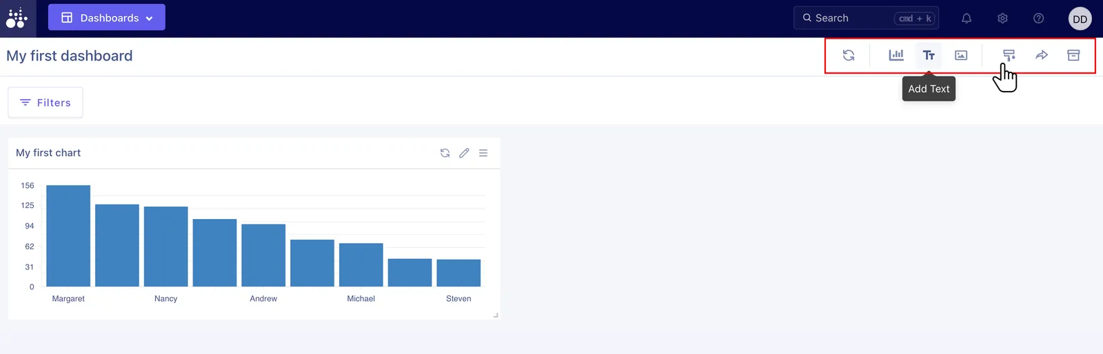 Tractorscope dashboard edit controls for refreshing, adding content, sharing, and layout changes