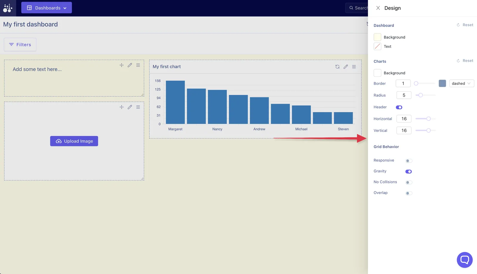 Tractorscope dashboard design panel with dashboard and chart style settings