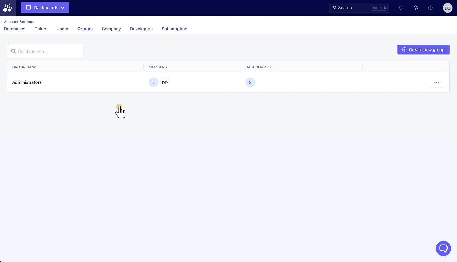 Tractorscope groups settings page listing account groups