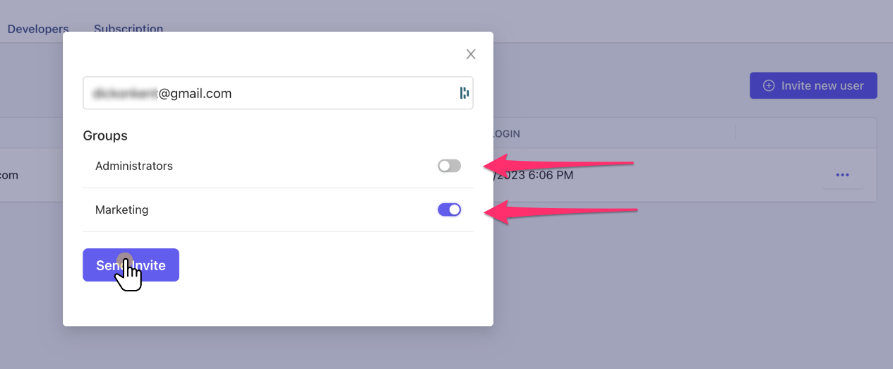 This modal appears when inviting new users to your Tractotscope account.