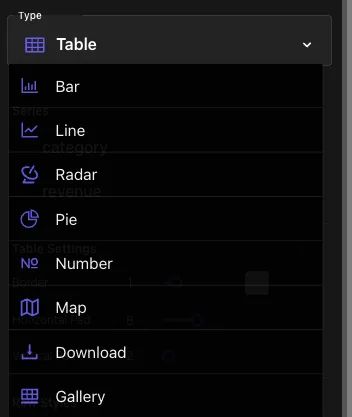 Tractorscope chart type picker showing bar, line, radar, pie, number, map, download, and gallery