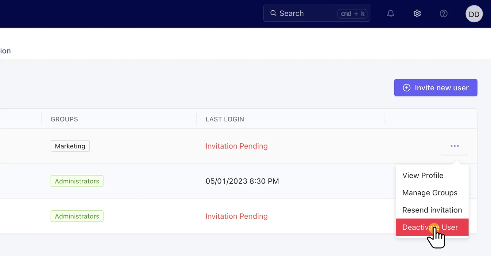Deactivate user option in the Tractorscope user actions menu