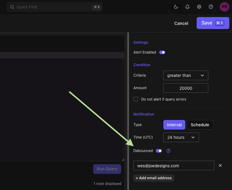 Tractorscope debounced notification setting for alert charts