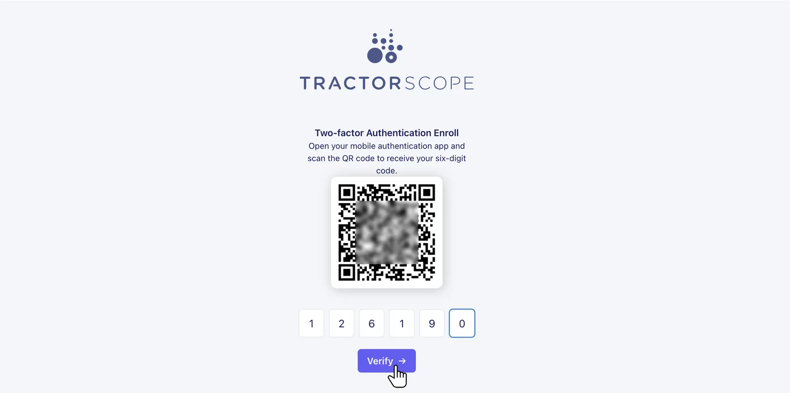 Tractorscope two-factor authentication QR code setup screen for authenticator apps