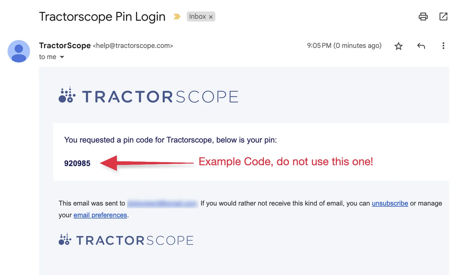 Password reset email containing the Tractorscope six digit PIN code