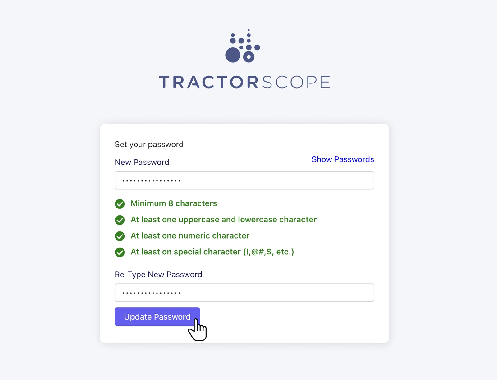 Tractorscope create new password form with password strength requirements