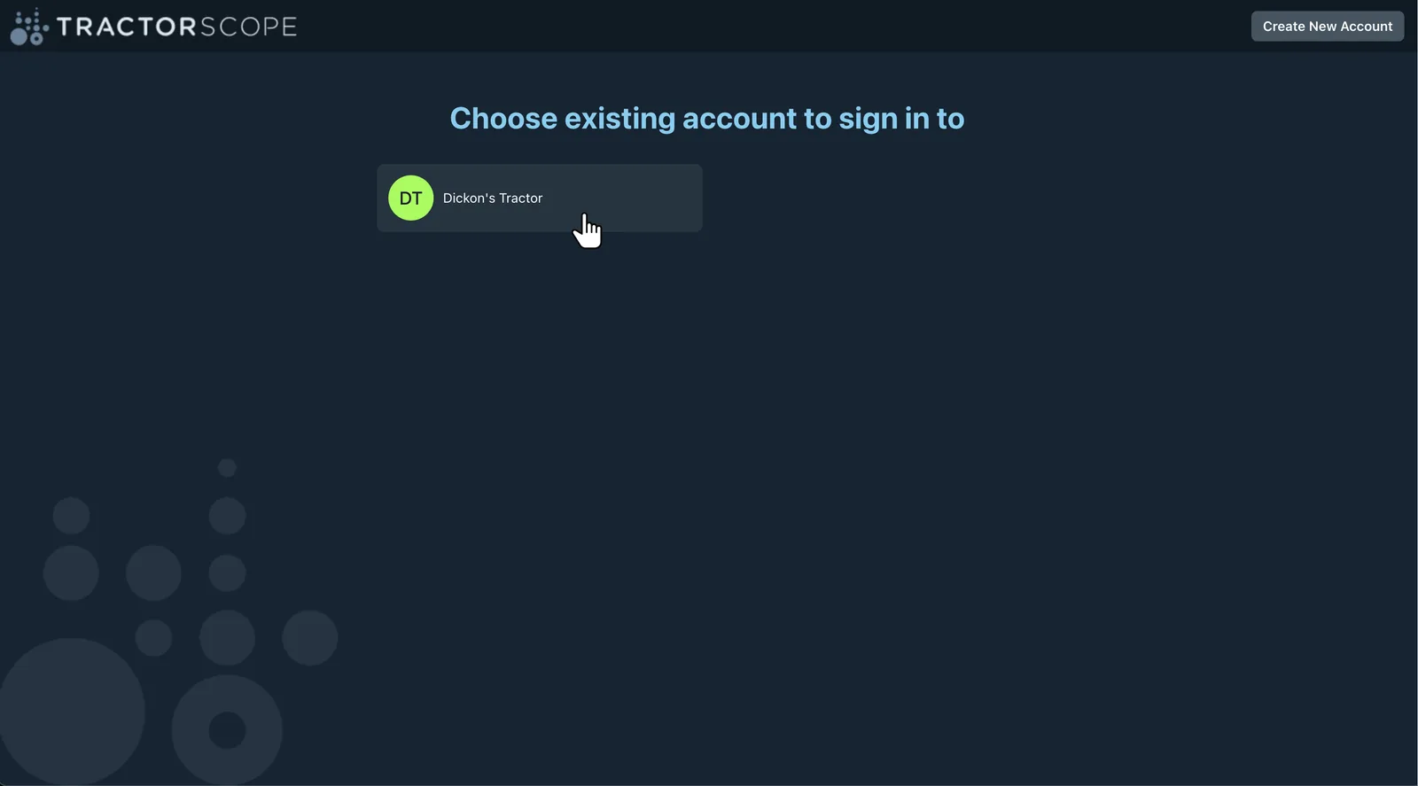 Tractorscope account selection screen after logging in with reset credentials