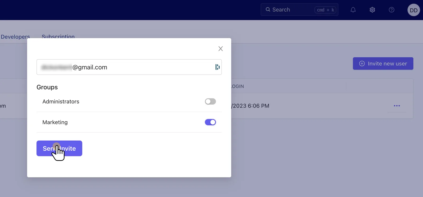 Tractorscope invite user form with email address and group assignment fields