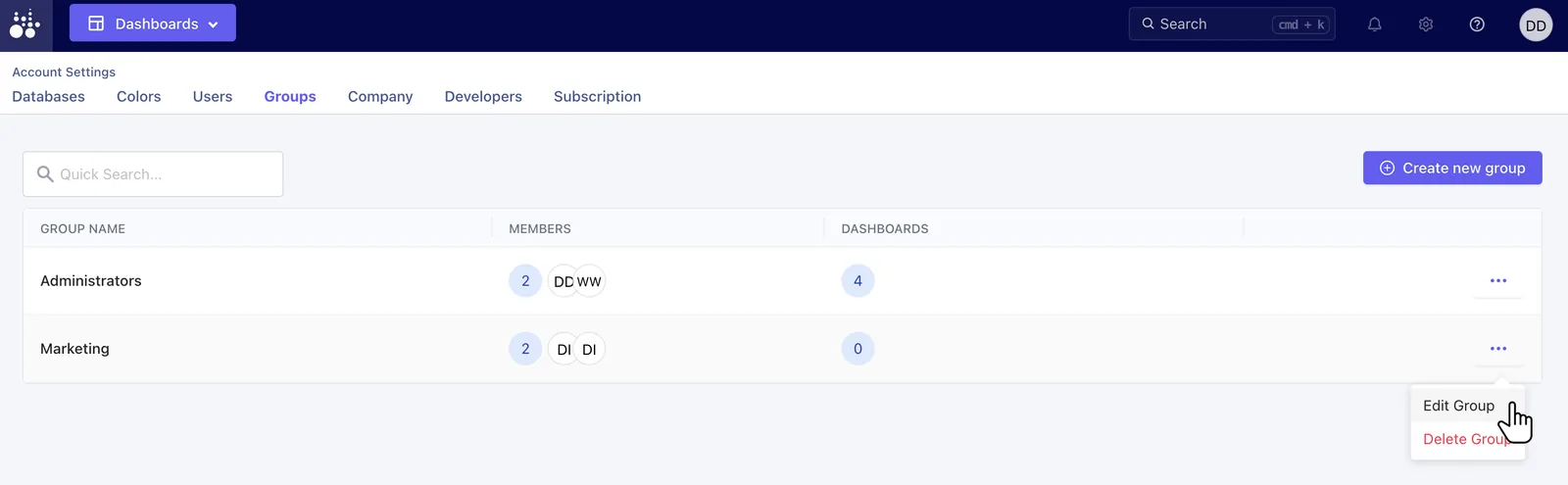 Tractorscope groups settings page with edit group action menu