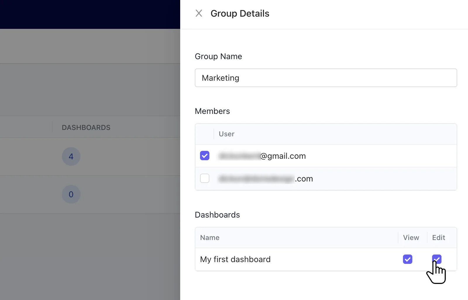 Tractorscope dashboard permissions controls for group view and edit access