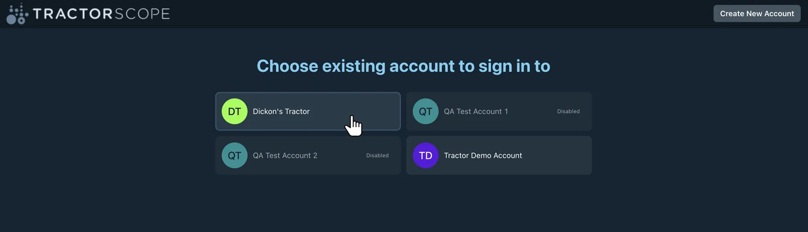 Tractorscope switch account screen with available accounts and create new account option